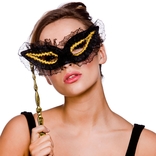 Eyemask With Handle - Gold/black Lace